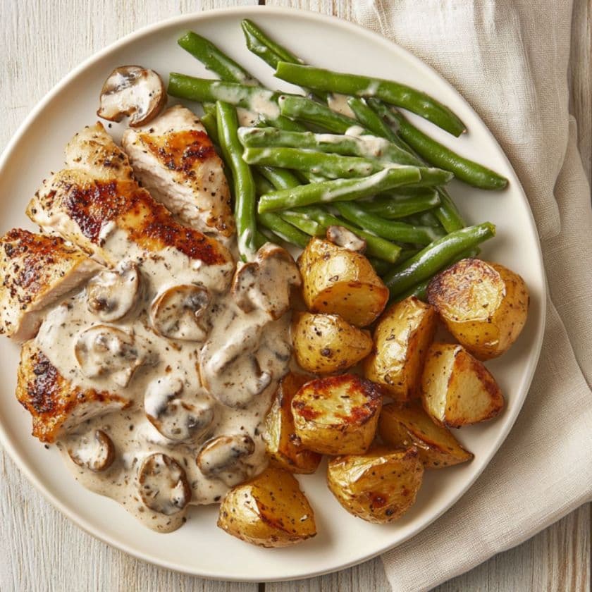 Blanc de poulet, sauce crémeuse aux champignons