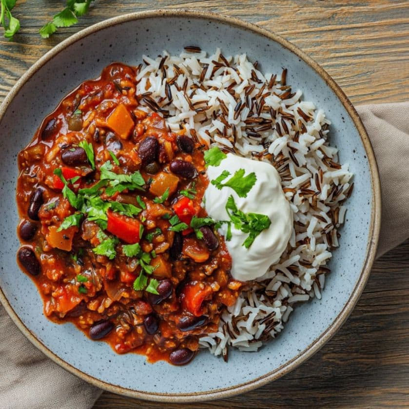Chili sin carne aux lentilles beluga et riz sauvage