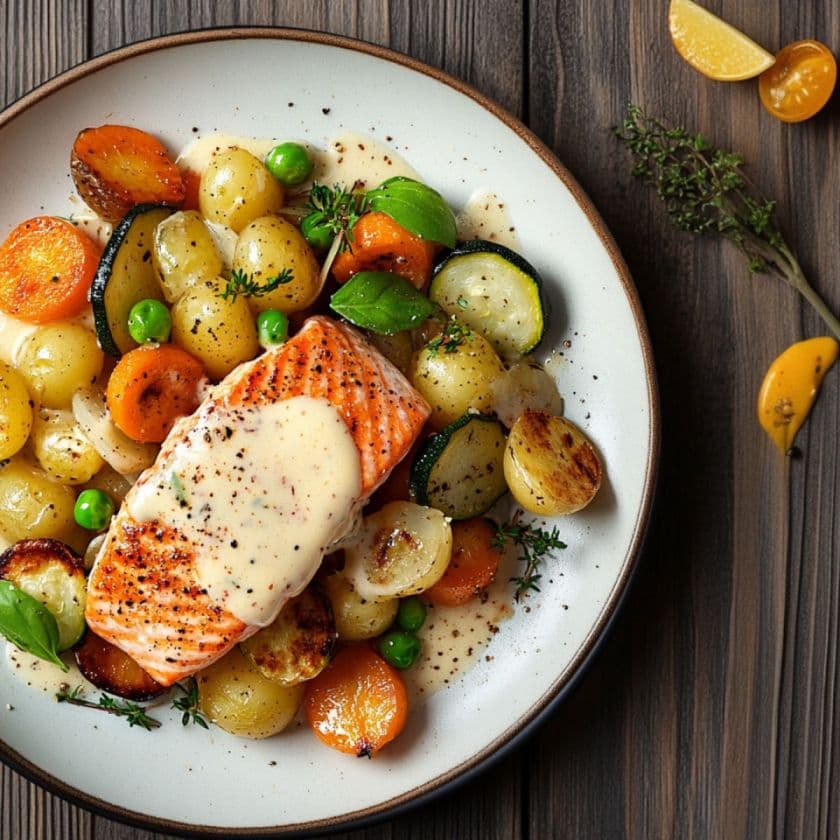Saumon sauce béarnaise et légumes